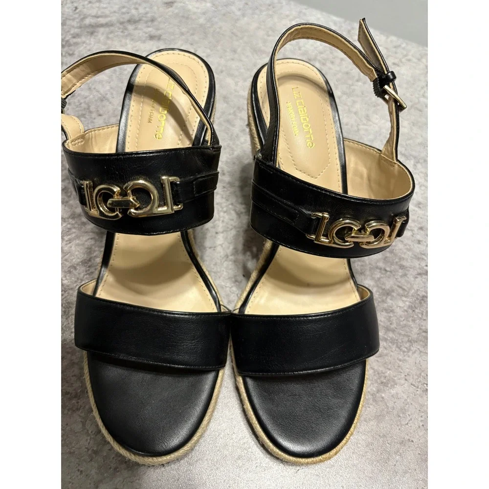 Liz Claiborne LC Amaro Black Espadrille Wedge Sandals Gold Link Accent Womens 7M